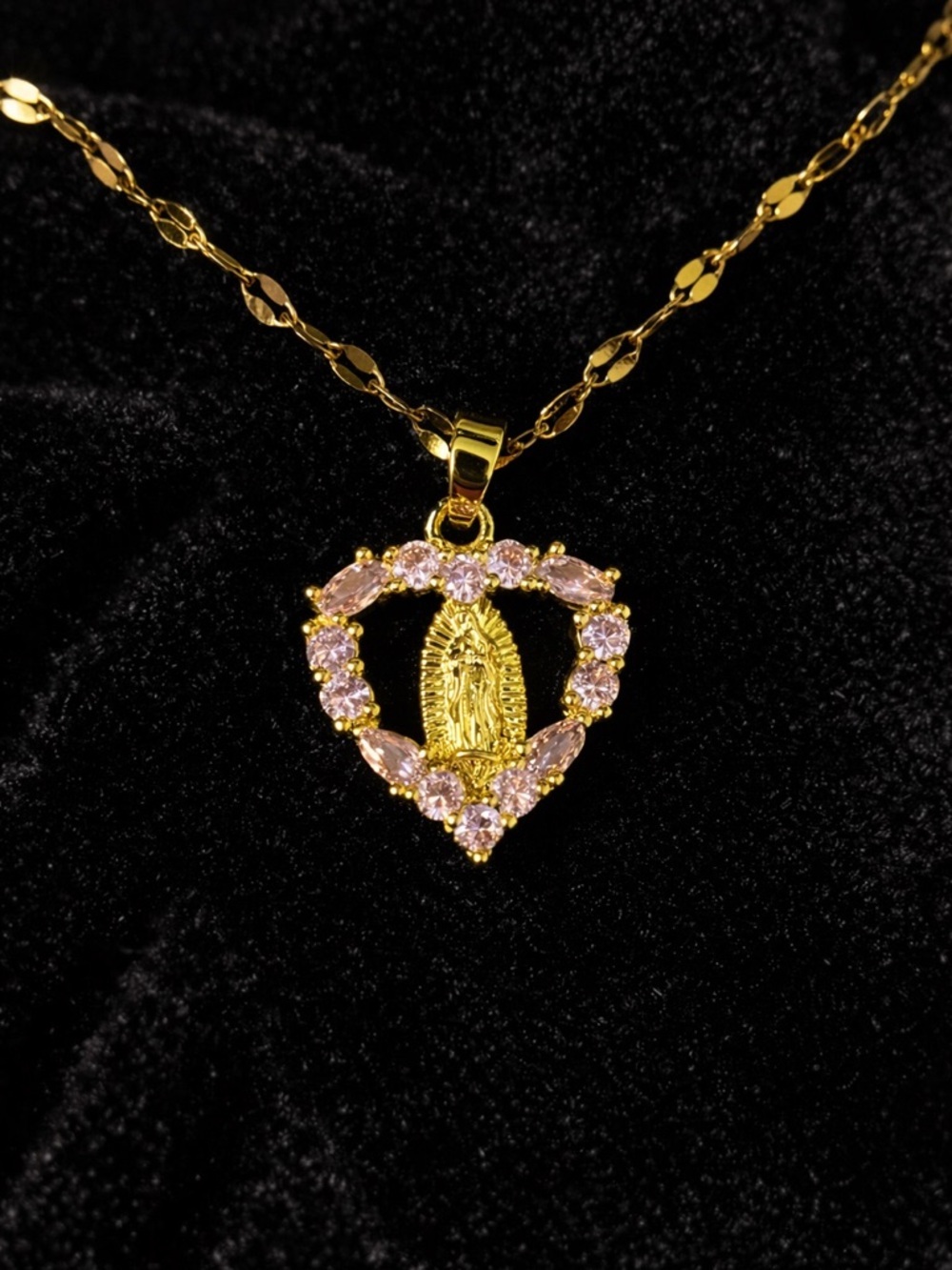 18K Gold Virgin Mary Heart Necklace Pink Crystal Pendant Dainty Chain - Picture 4 of 9